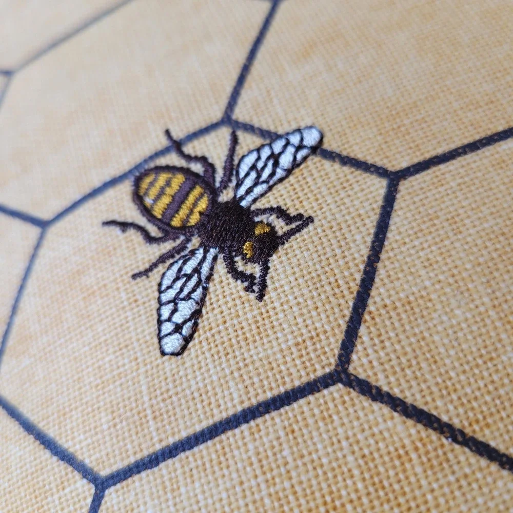 Farmhouse Embroidered Bee Honeycomb Lumbar Throw Pillow Black Gingham Ruffle